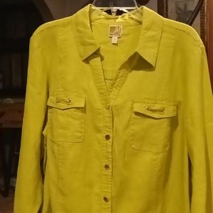 FINAL PRICE NWT JM COLLECTION 100% linen pea green blouse w gold buttons  18W